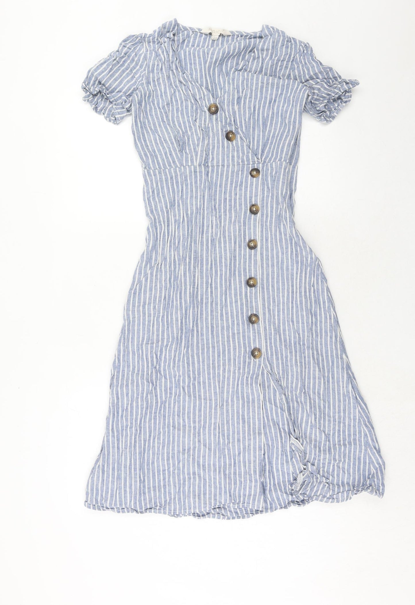 Apricot Womens Blue Striped Linen A-Line Size 8 V-Neck Button