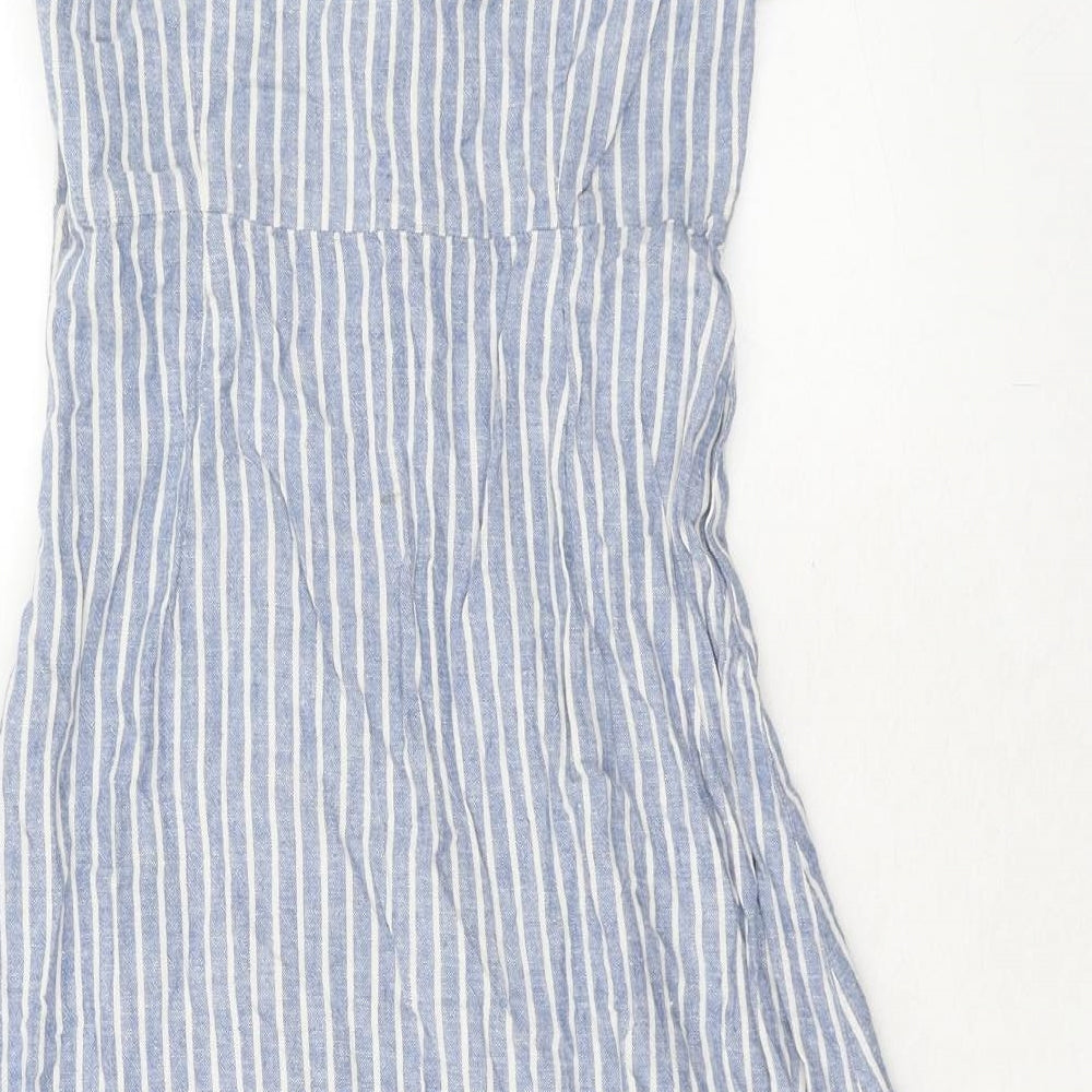 Apricot Womens Blue Striped Linen A-Line Size 8 V-Neck Button