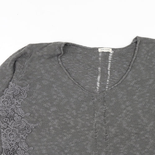 River Island Womens Grey Scoop Neck Cotton Pullover Jumper Size 16