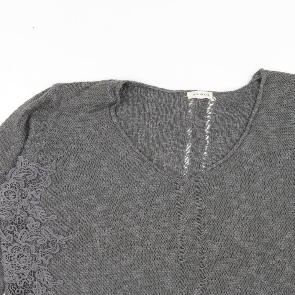 River Island Womens Grey Scoop Neck Cotton Pullover Jumper Size 16