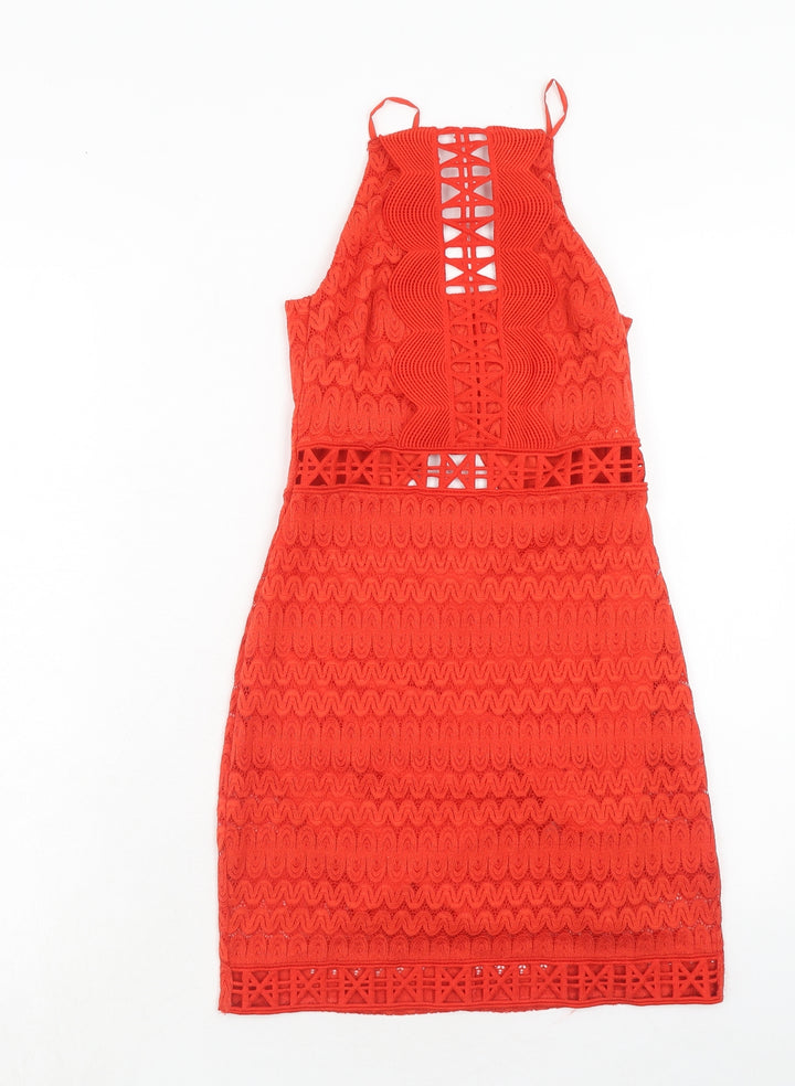 Topshop Womens Orange Geometric Nylon A-Line Size 6 Square Neck Zip