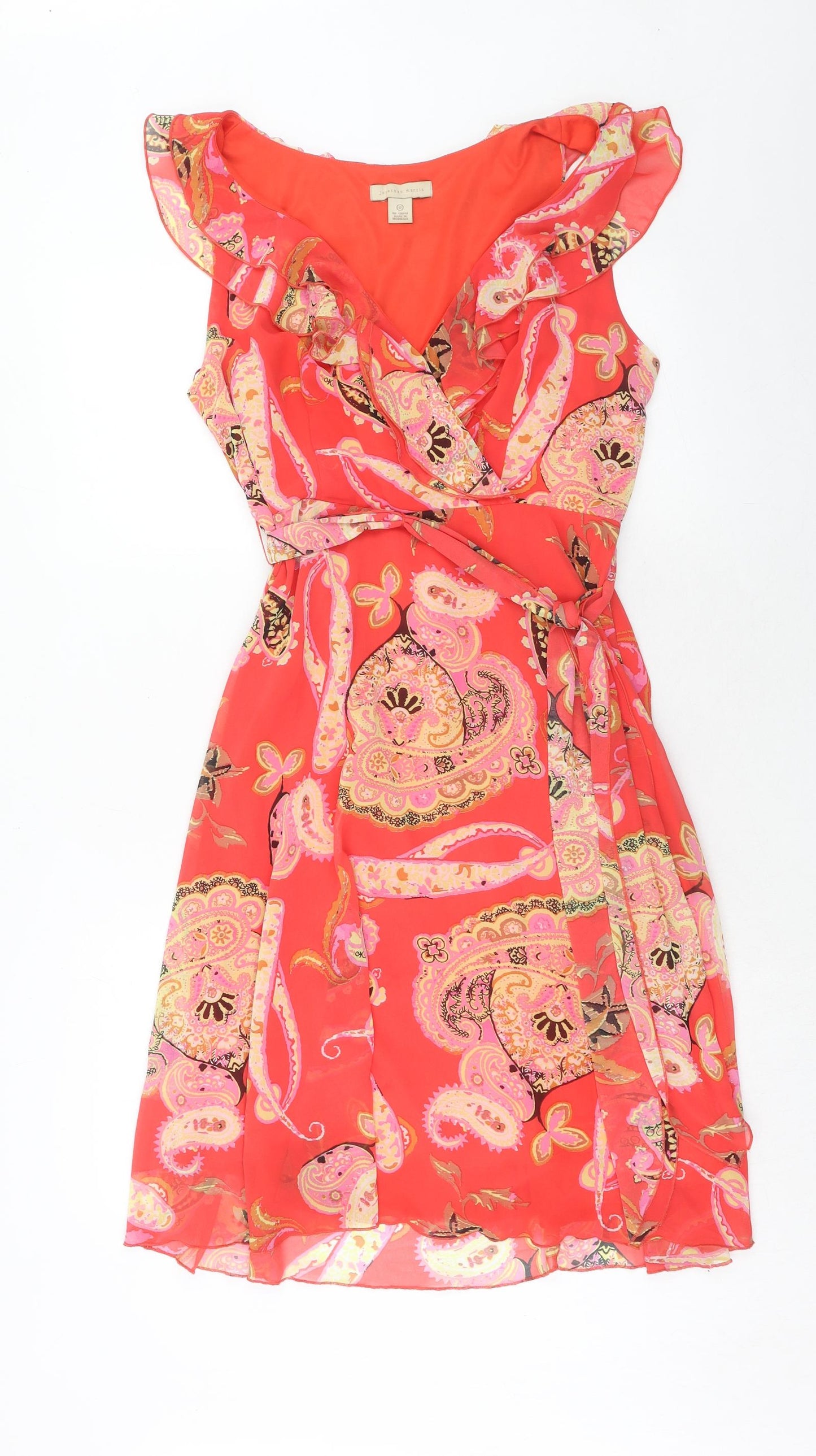 Jonathon Martin Womens Red Geometric Polyester A-Line Size 12 V-Neck Zip