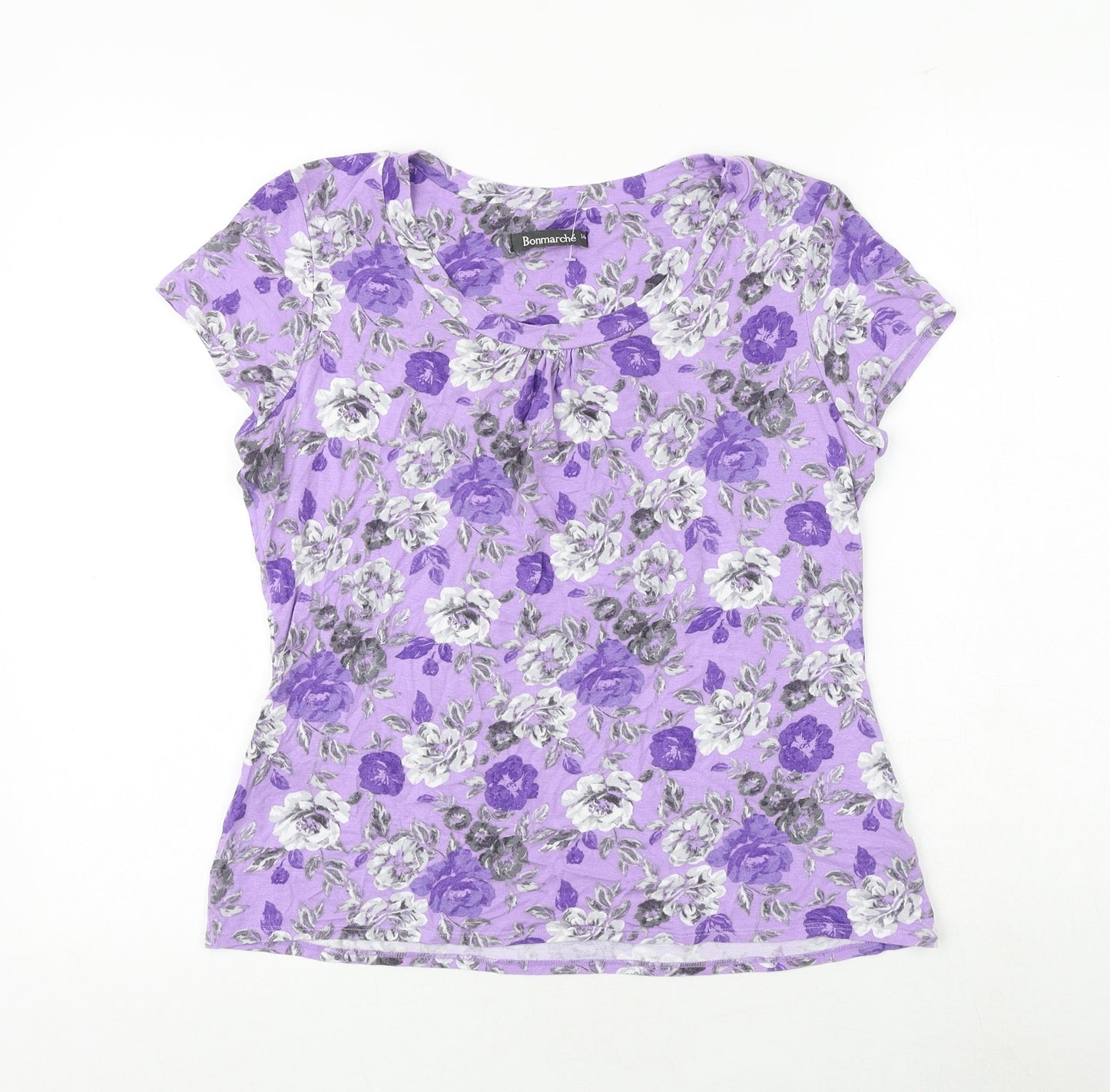 Bonmarché Womens Purple Floral Viscose Basic T-Shirt Size 14 Round Neck