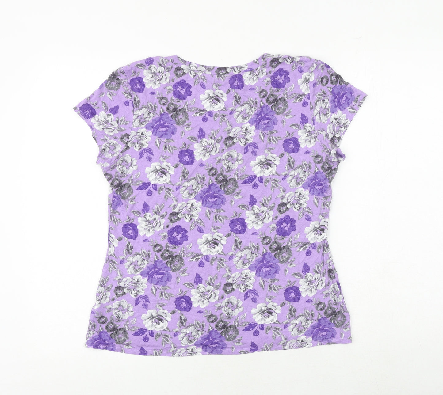 Bonmarché Womens Purple Floral Viscose Basic T-Shirt Size 14 Round Neck
