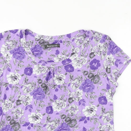 Bonmarché Womens Purple Floral Viscose Basic T-Shirt Size 14 Round Neck