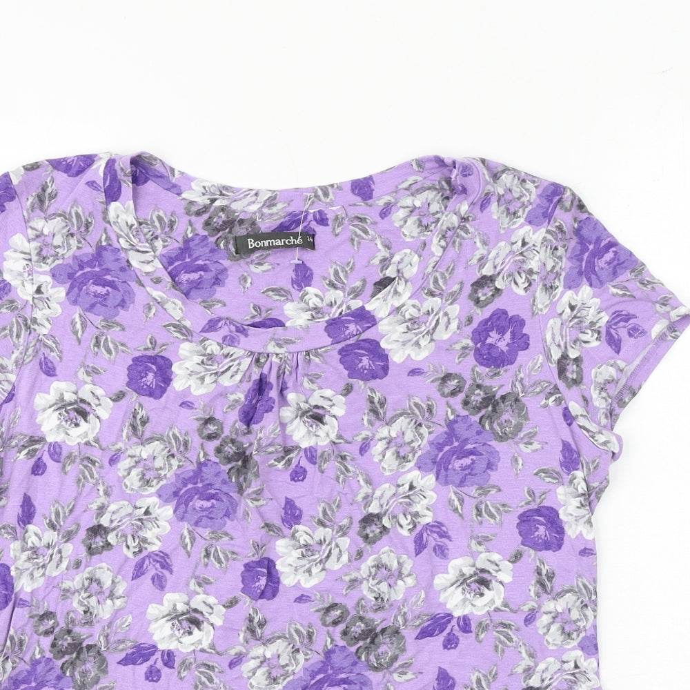 Bonmarché Womens Purple Floral Viscose Basic T-Shirt Size 14 Round Neck