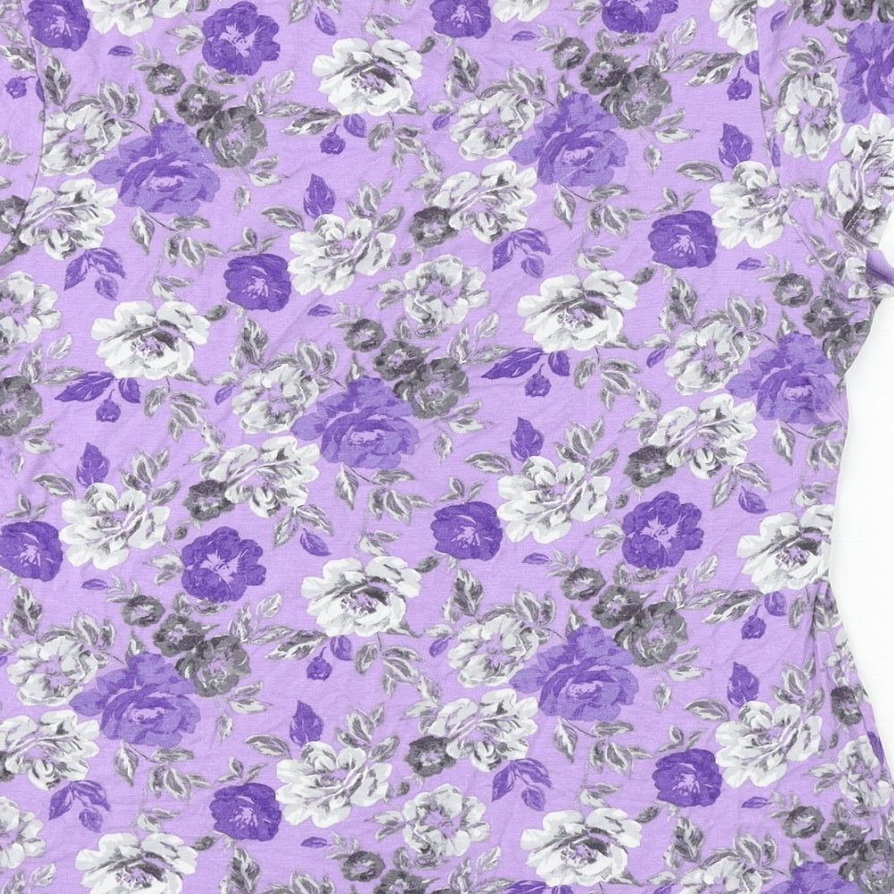 Bonmarché Womens Purple Floral Viscose Basic T-Shirt Size 14 Round Neck