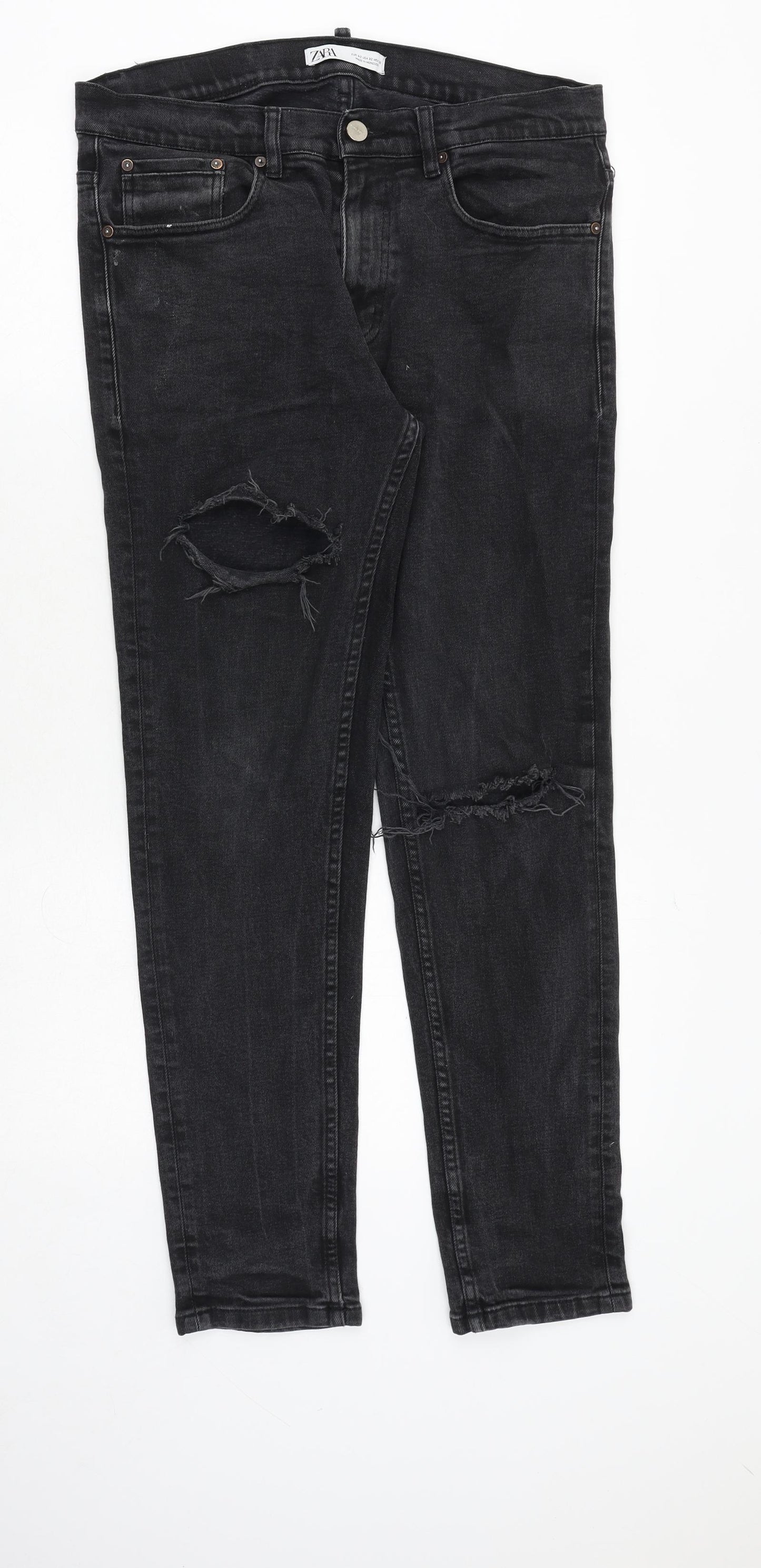 Zara Womens Black Cotton Tapered Jeans Size 14 Regular Zip