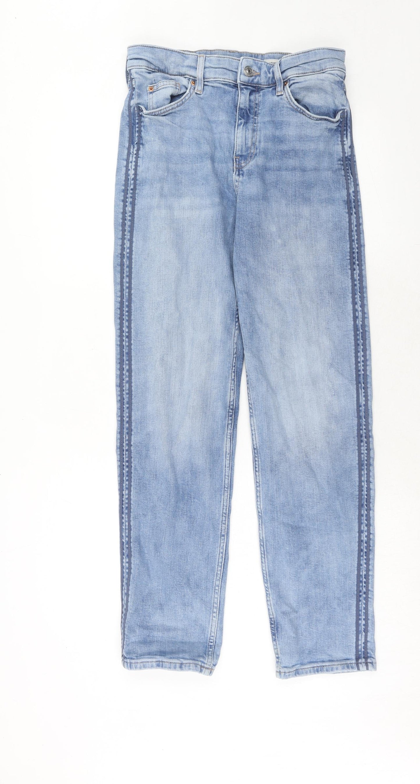 Marks and Spencer Womens Blue Cotton Straight Jeans Size 10 Regular Zip - Side Stripe Detail