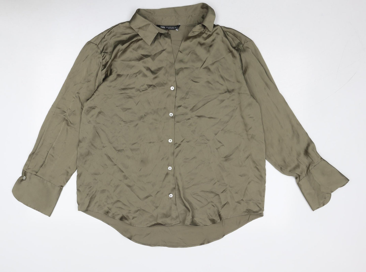 Zara Womens Green Polyester Basic Button-Up Size XL Collared