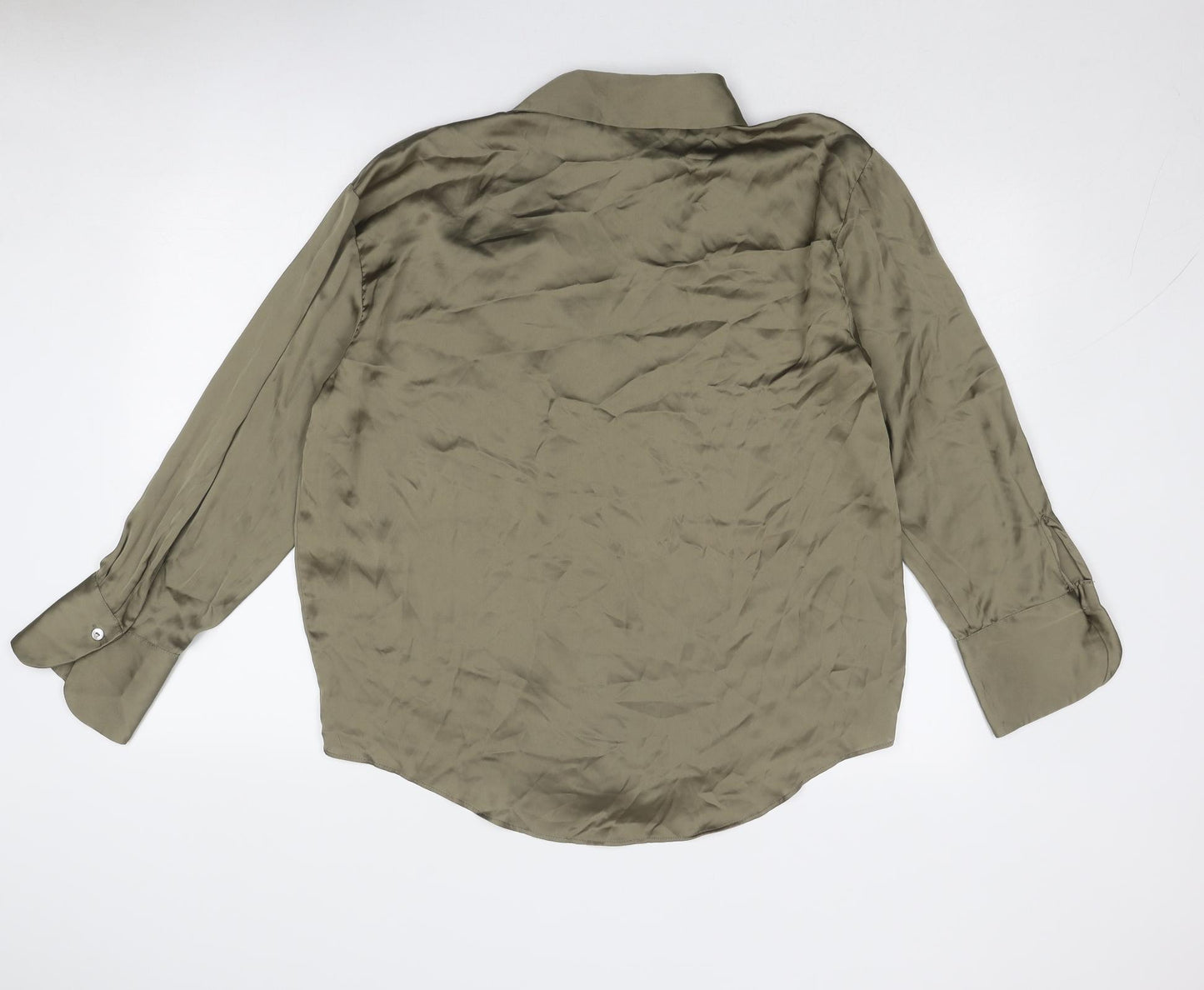 Zara Womens Green Polyester Basic Button-Up Size XL Collared