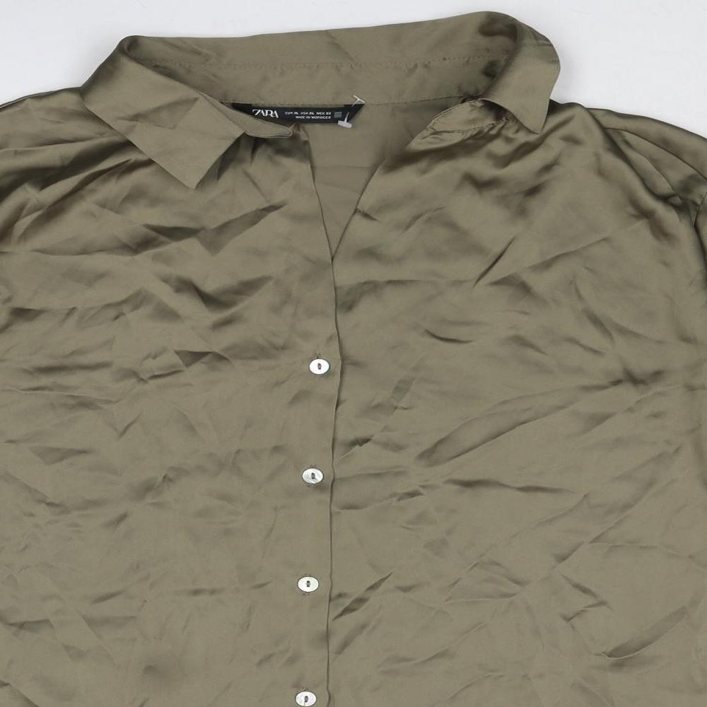 Zara Womens Green Polyester Basic Button-Up Size XL Collared
