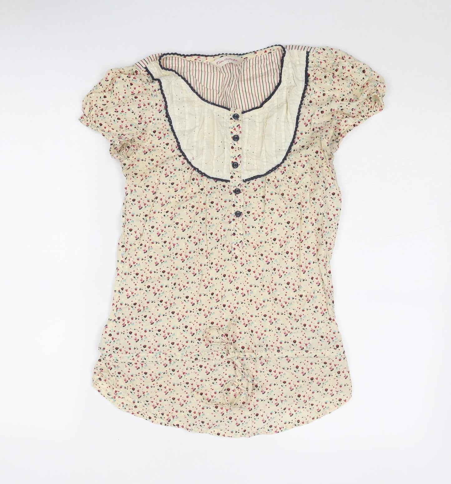 Miss Selfridge Womens Beige Geometric Cotton Basic Blouse Size 8 Round Neck