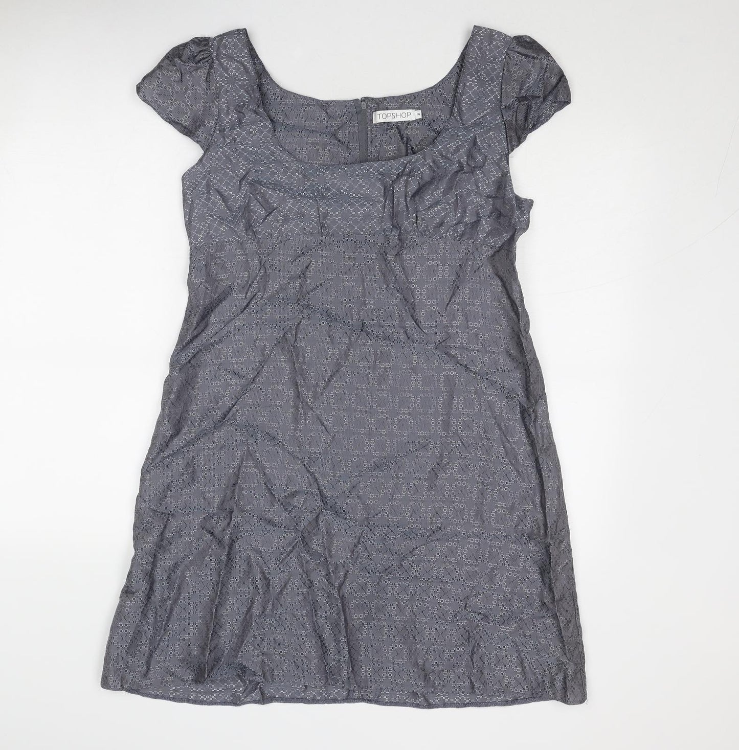 Topshop Womens Blue Geometric Viscose A-Line Size 14 Round Neck Zip
