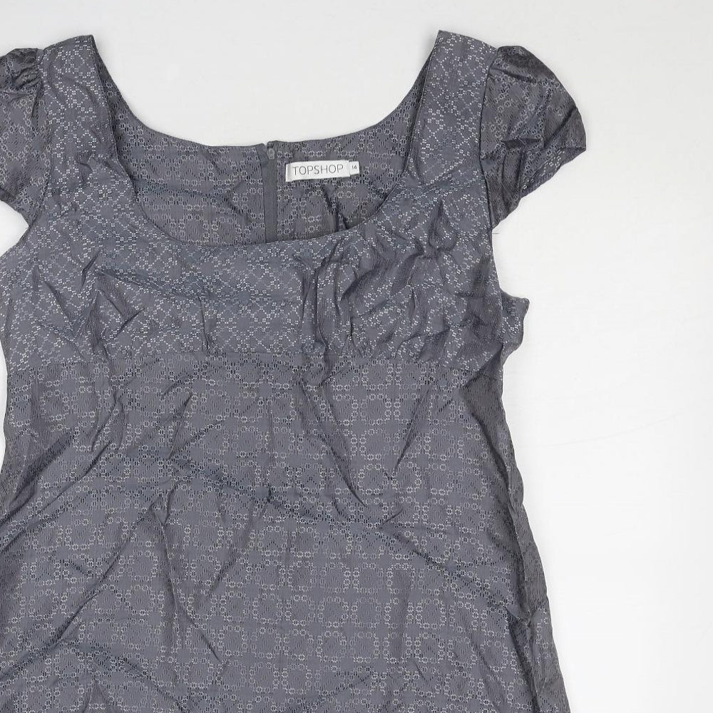 Topshop Womens Blue Geometric Viscose A-Line Size 14 Round Neck Zip