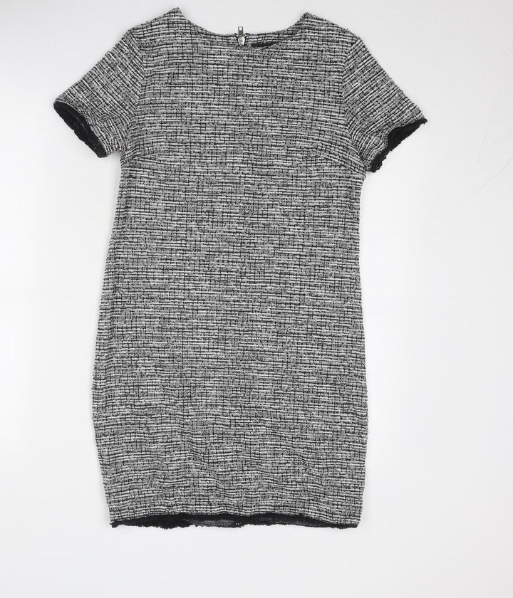 New Look Womens Grey Geometric Cotton Shift Size 8 Round Neck Zip