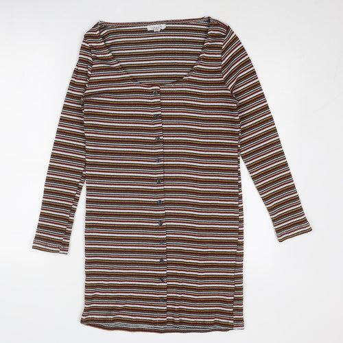 Topshop Womens Multicoloured Striped Polyester Shirt Dress Size 16 Round Neck Button