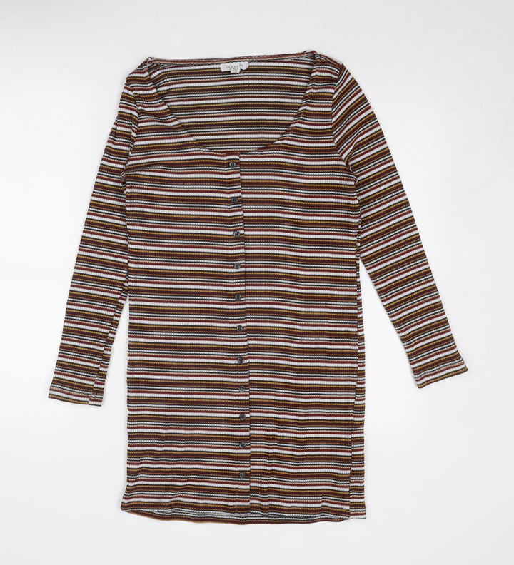 Topshop Womens Multicoloured Striped Polyester Shirt Dress Size 16 Round Neck Button