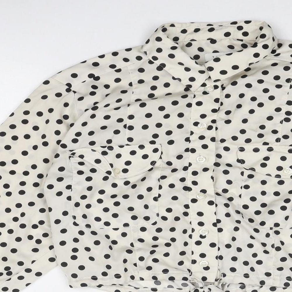 Topshop Womens Ivory Polka Dot Polyester Basic Button-Up Size 8 Collared