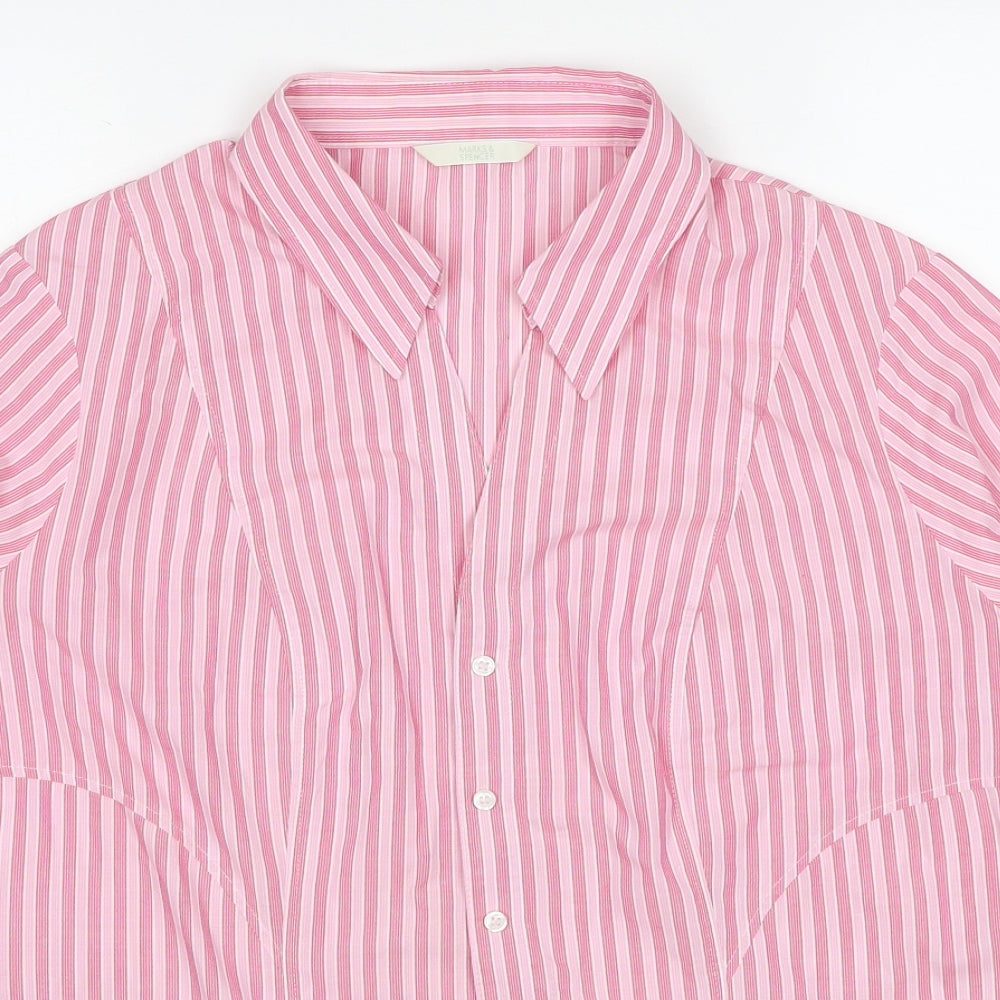 Marks and Spencer Womens Pink Striped Polyester Basic Button-Up Size 20 Collared