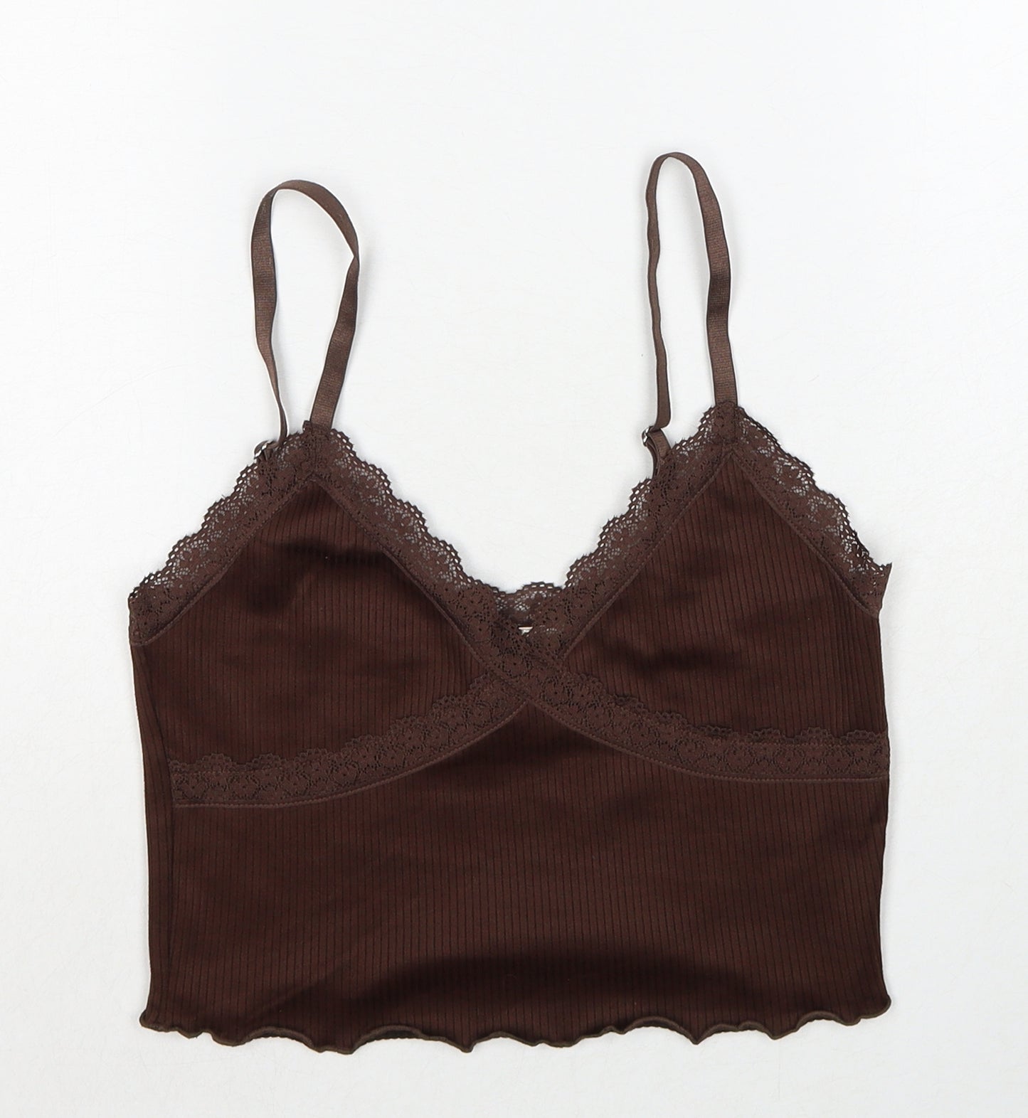 H&M Womens Brown Polyester Cropped Tank Size S V-Neck - Lace Detail