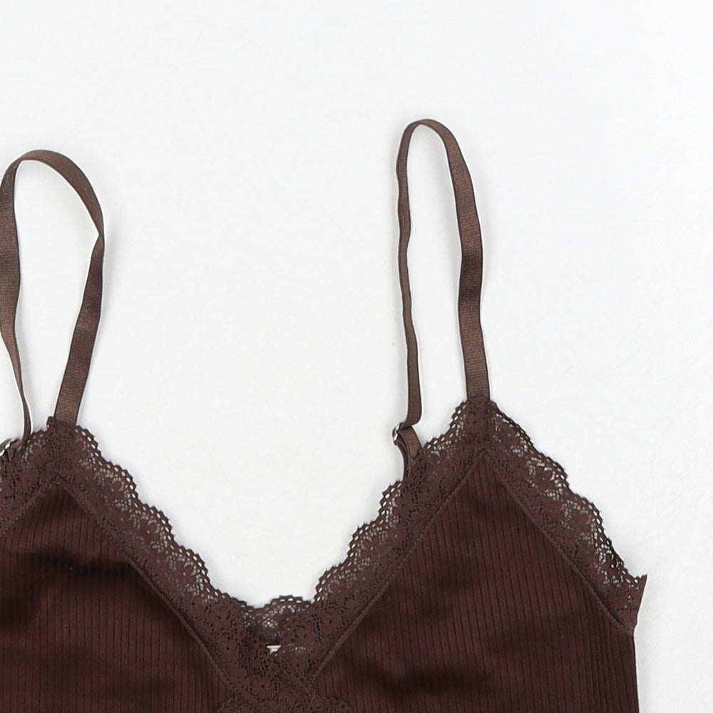 H&M Womens Brown Polyester Cropped Tank Size S V-Neck - Lace Detail