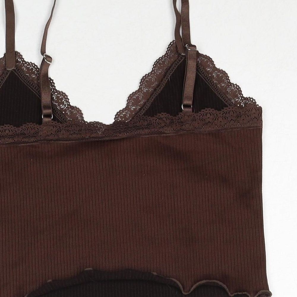 H&M Womens Brown Polyester Cropped Tank Size S V-Neck - Lace Detail