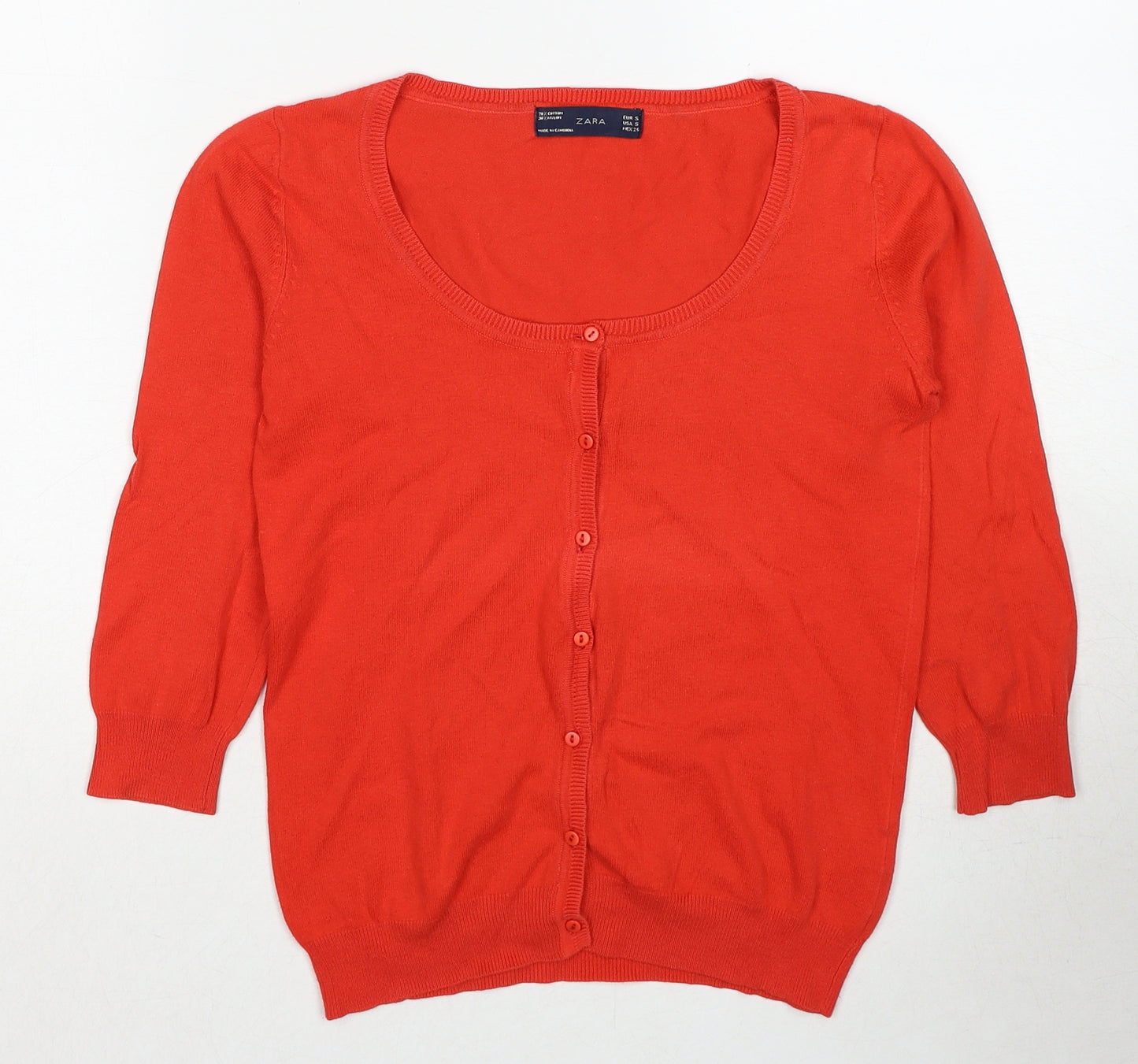 Zara Womens Red Scoop Neck Cotton Cardigan Jumper Size S