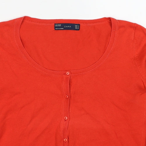 Zara Womens Red Scoop Neck Cotton Cardigan Jumper Size S