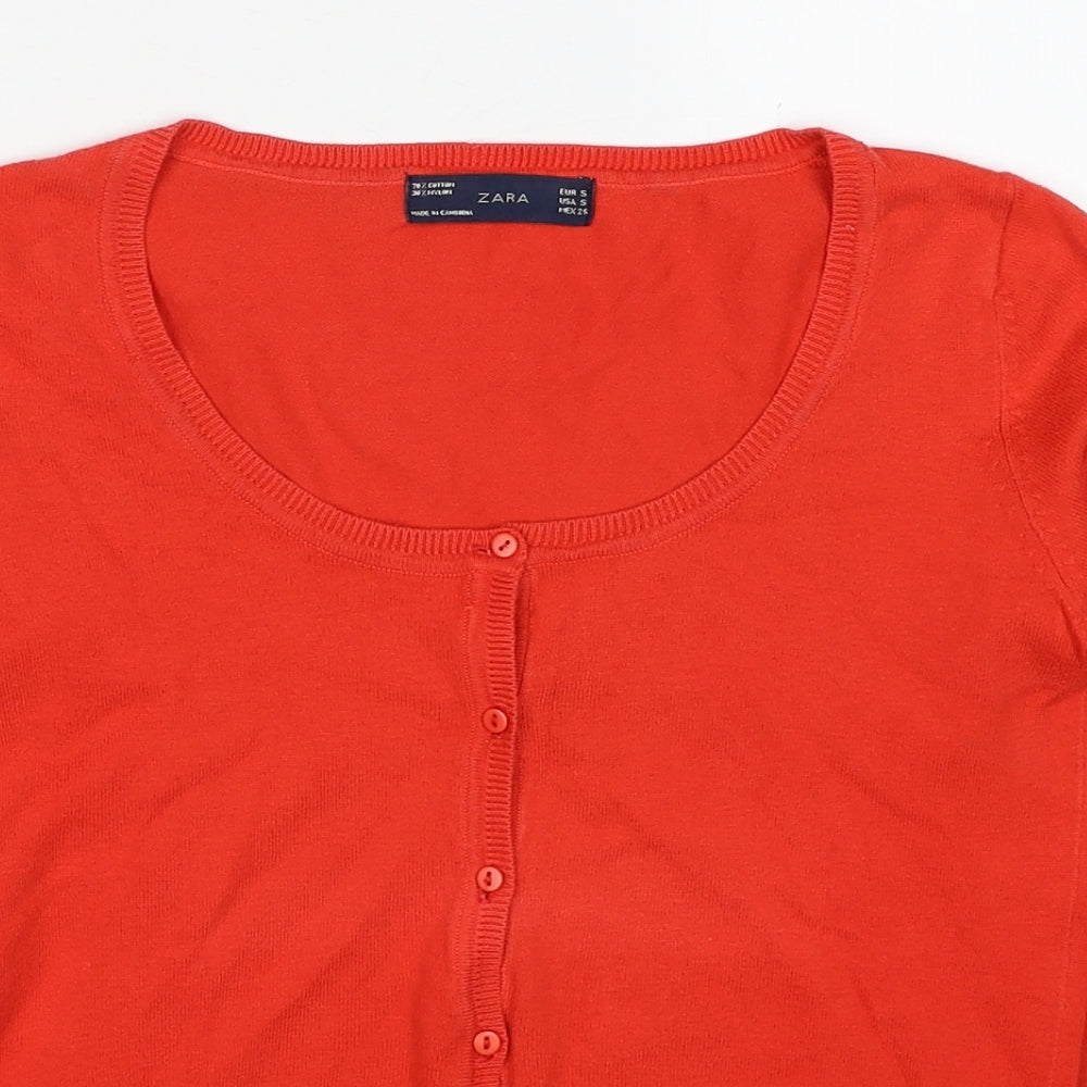 Zara Womens Red Scoop Neck Cotton Cardigan Jumper Size S