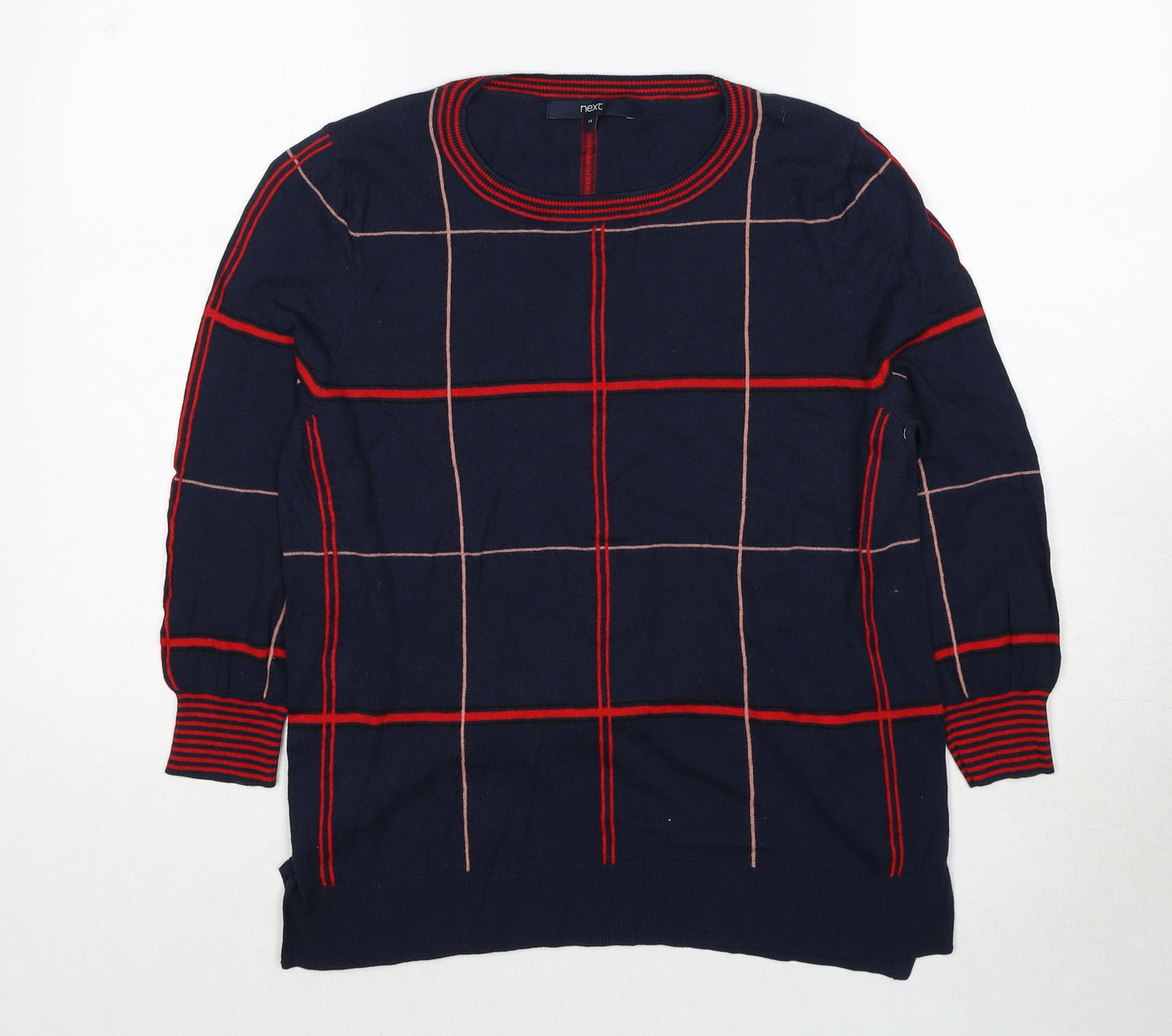 NEXT Womens Blue Round Neck Check Cotton Pullover Jumper Size 14