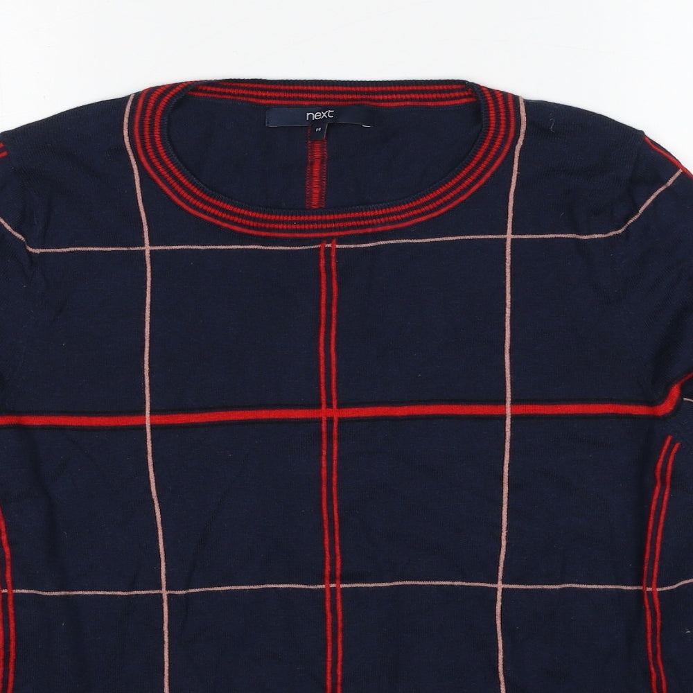 NEXT Womens Blue Round Neck Check Cotton Pullover Jumper Size 14