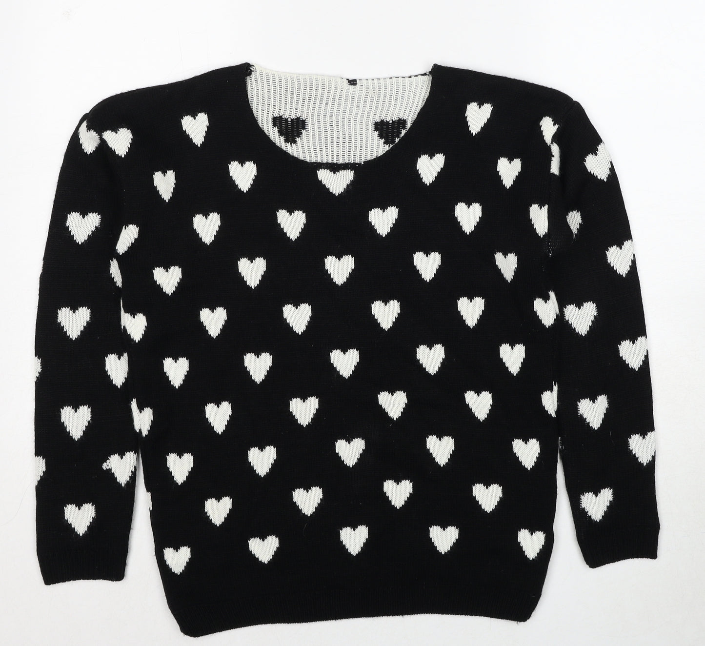 Quiz Womens Black Round Neck Geometric Acrylic Pullover Jumper Size S - Heart Pattern