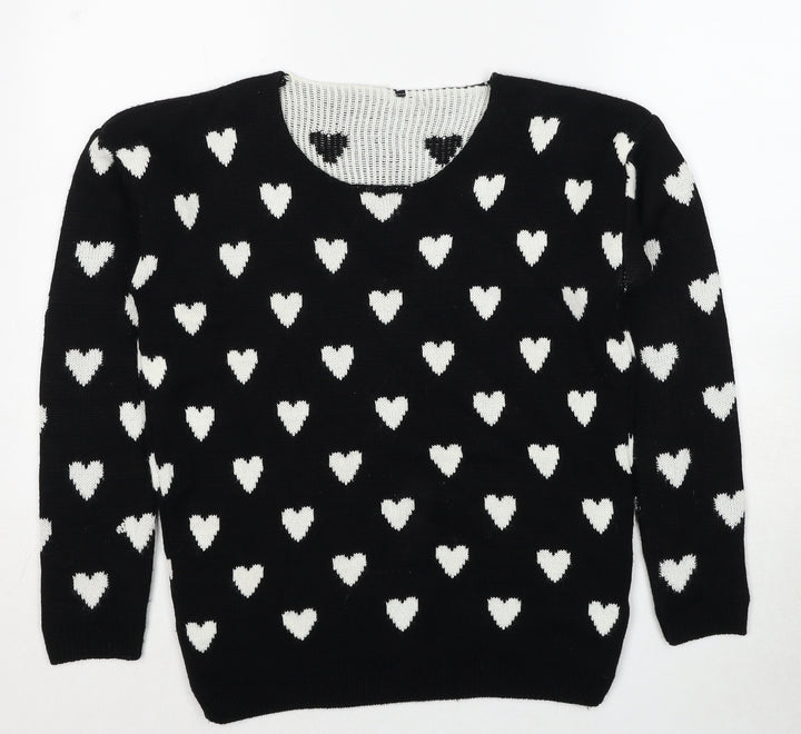 Quiz Womens Black Round Neck Geometric Acrylic Pullover Jumper Size S - Heart Pattern