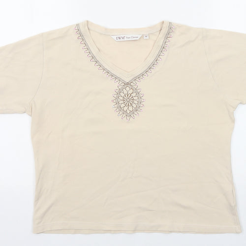 EWM Womens Beige Polyester Basic T-Shirt Size M V-Neck