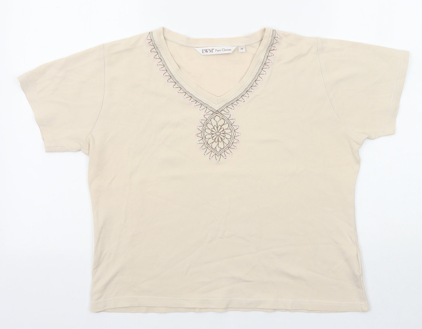 EWM Womens Beige Polyester Basic T-Shirt Size M V-Neck