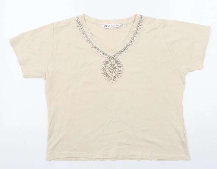 EWM Womens Beige Polyester Basic T-Shirt Size M V-Neck