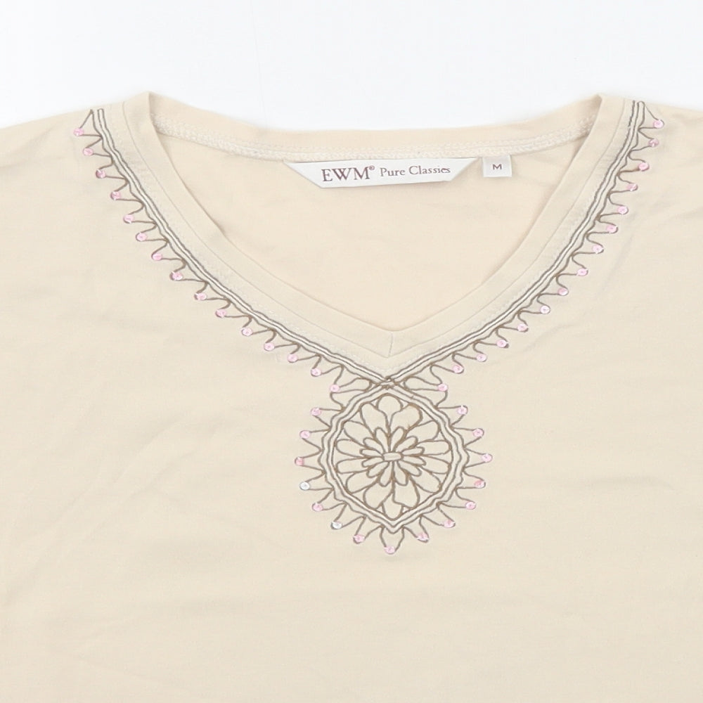 EWM Womens Beige Polyester Basic T-Shirt Size M V-Neck