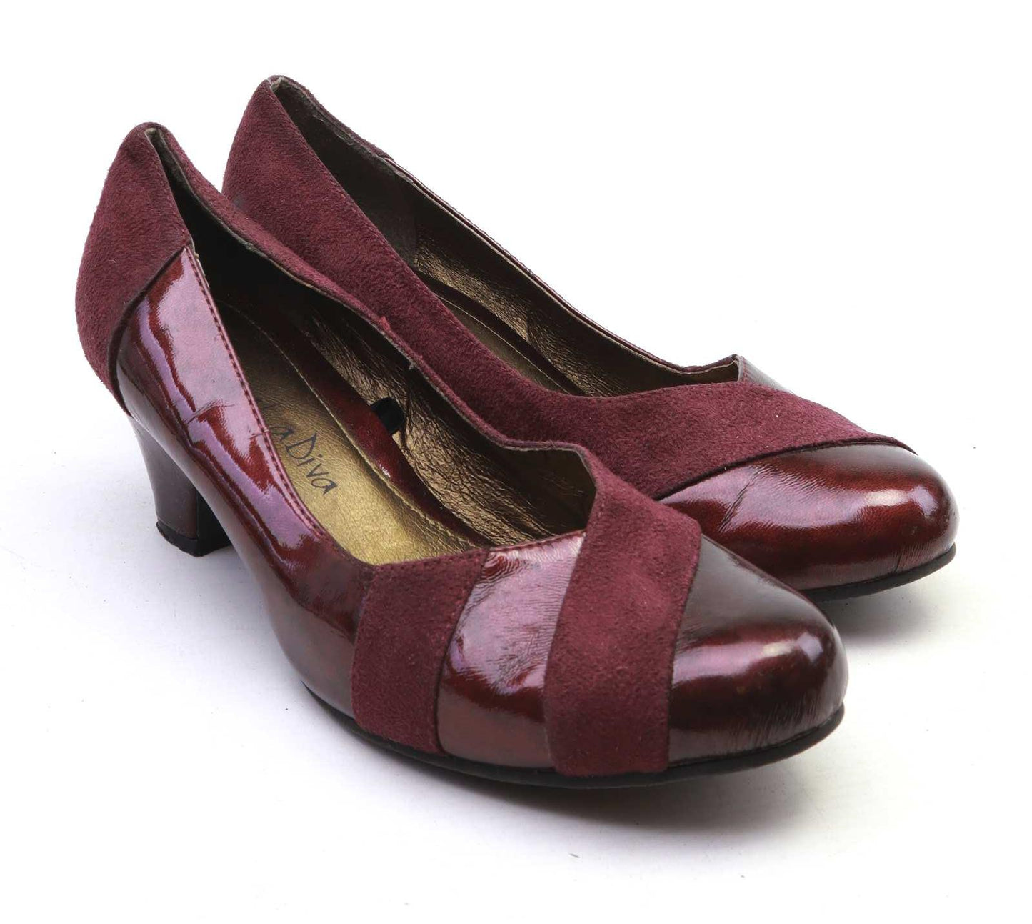 Viva La Diva Womens UK Size 5 Burgundy Leather Suede & Patent Court Shoes