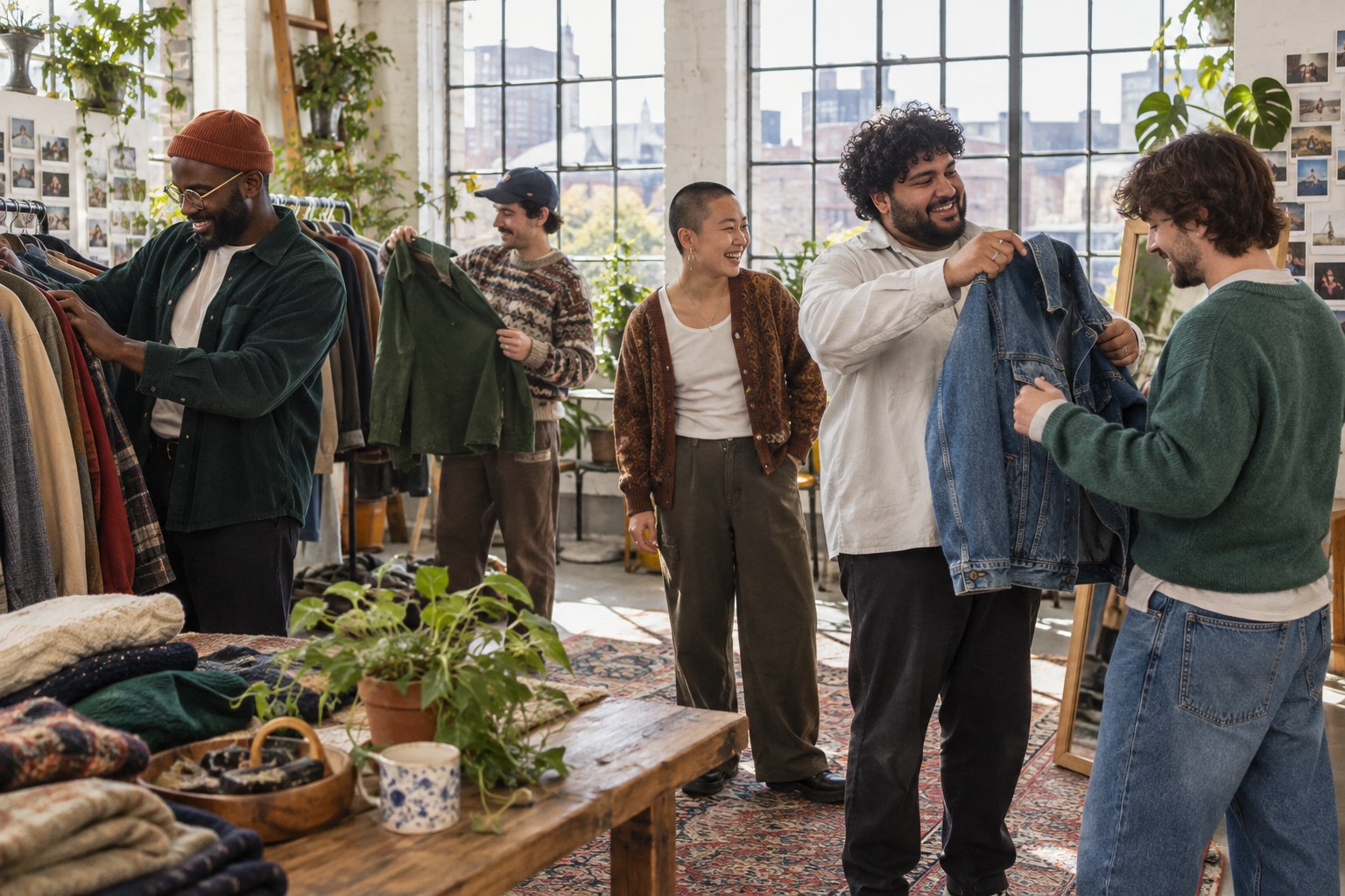 Friends sharing secondhand menswear at a community clothes swap
