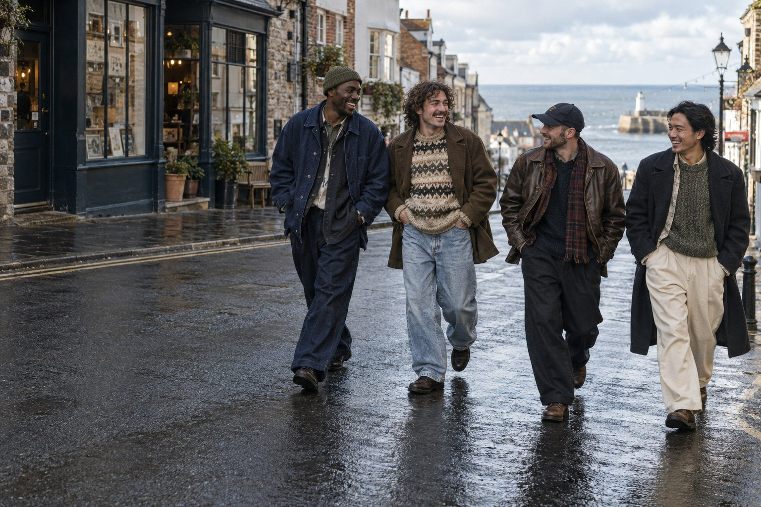 Four friends wearing one-off menswear on a British coastal street