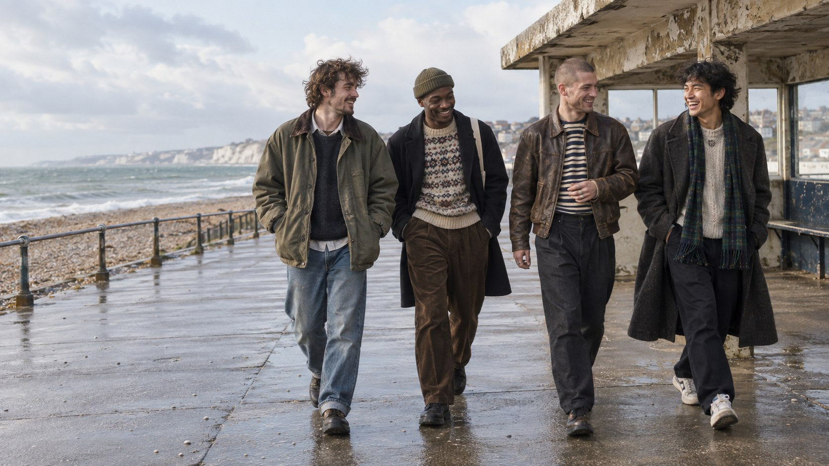 Four friends expressing their personal style in preloved menswear by the sea