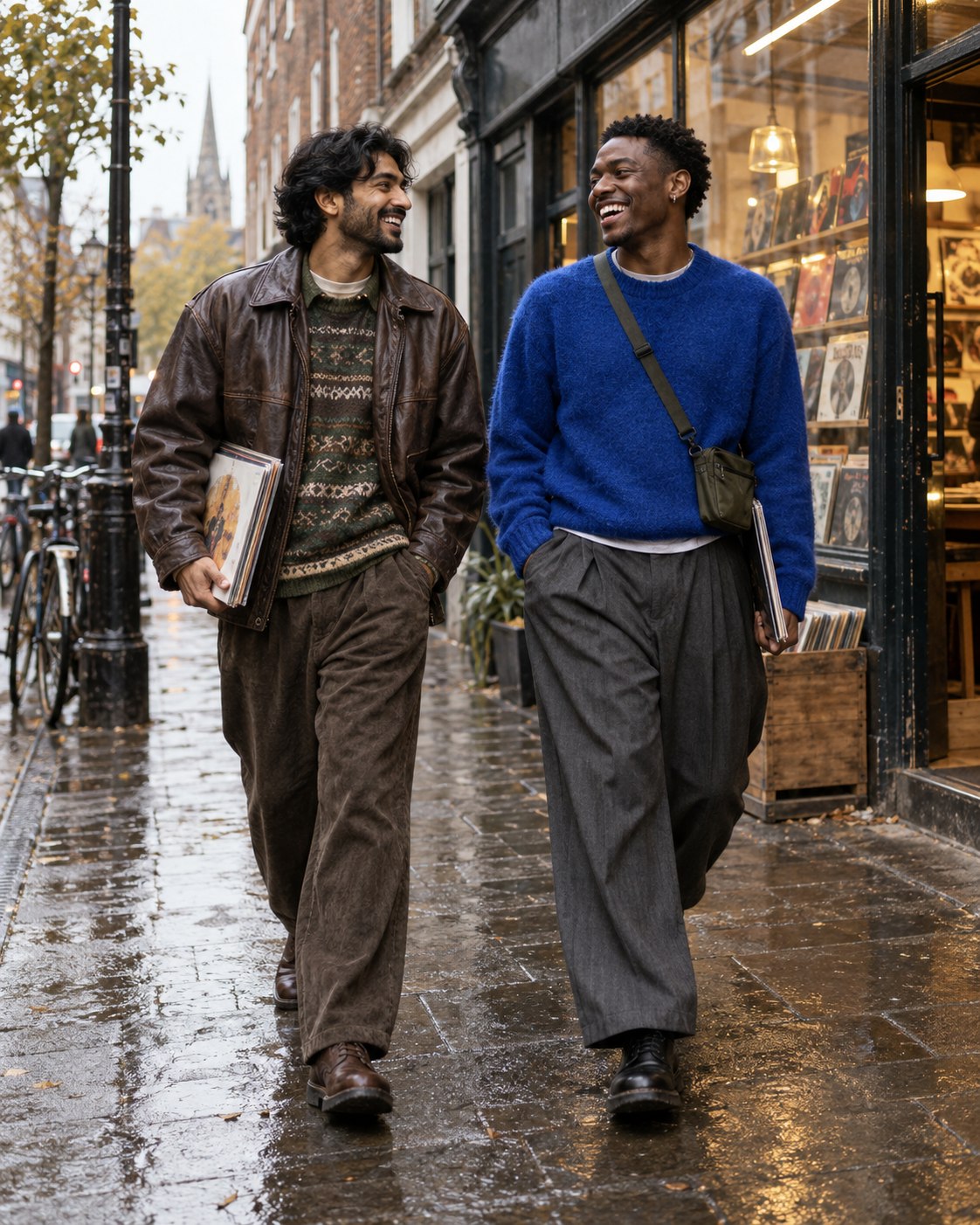 Two friends in individual layered secondhand menswear outfits