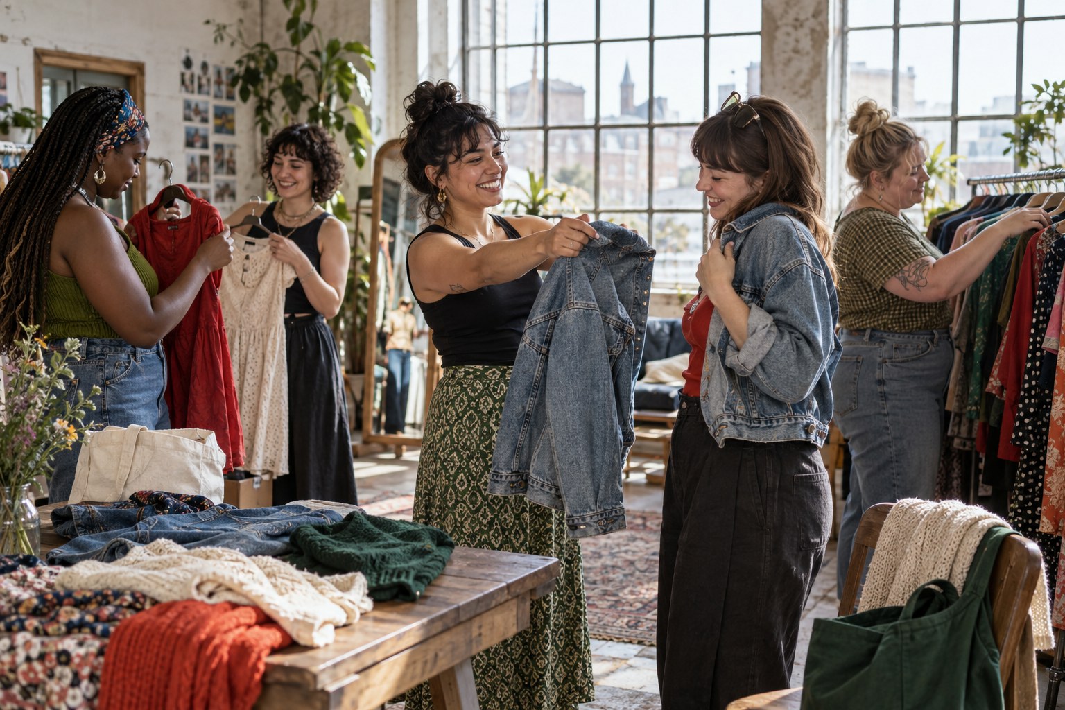 Friends sharing secondhand clothes at a community swap
