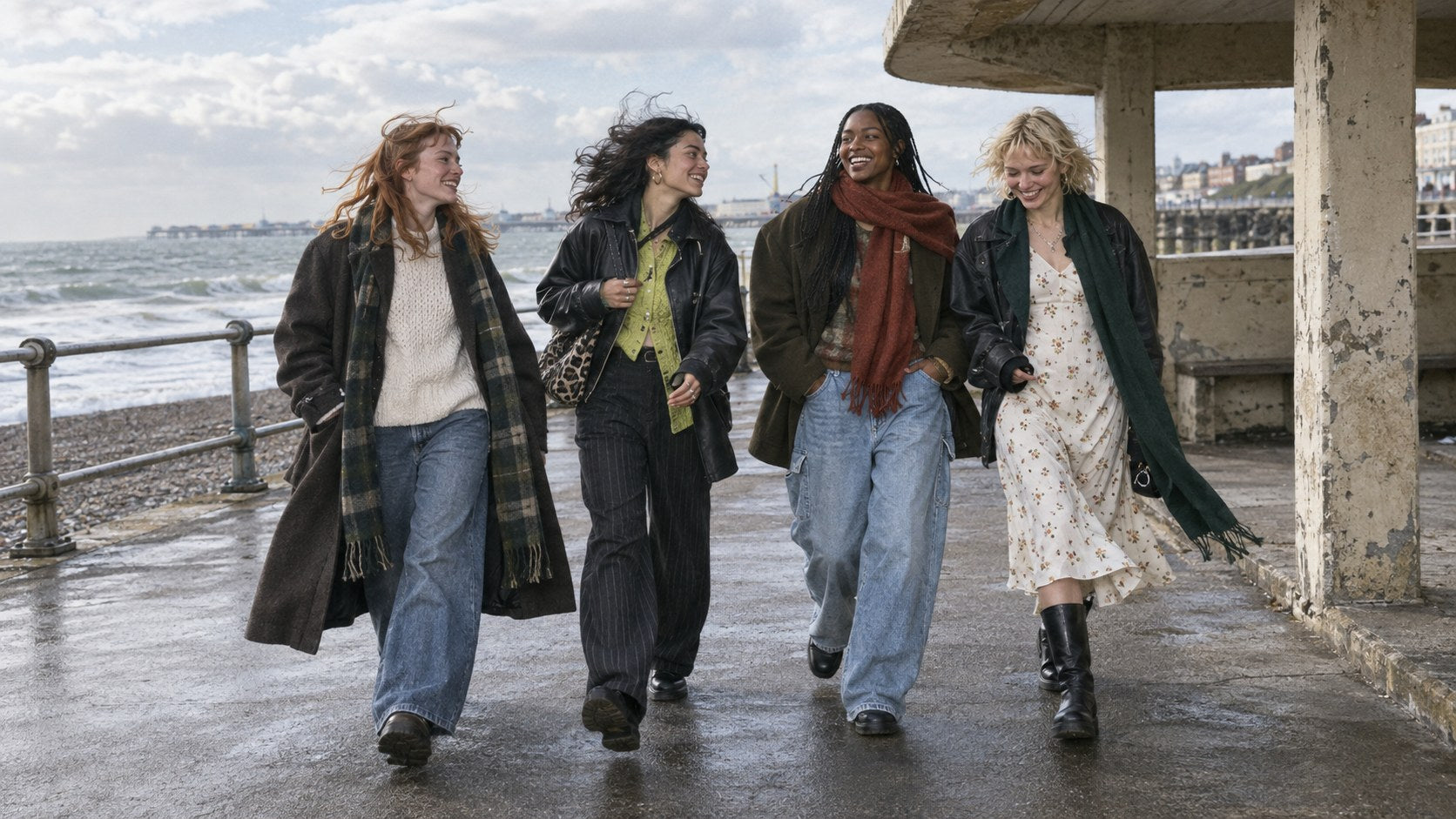 Friends wearing distinctive preloved clothes by the sea
