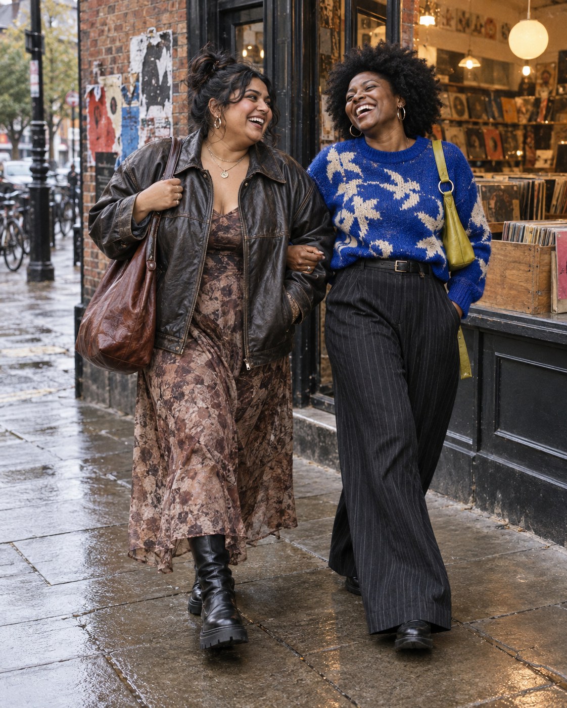 Two friends in individual layered secondhand outfits